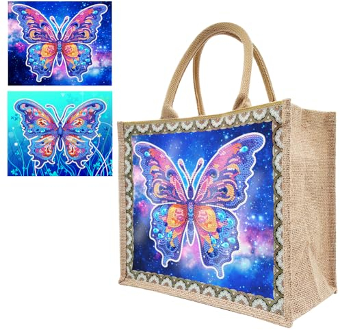 Starnearby DIY Diamond Painting Tasche, 5D Diamant Painting Tragetasche mit Innentasche und Reißverschluss Stofftasche Shopper, Wasserdichtr Einkaufstasche mit 2 Leinwänden (Schmetterling)