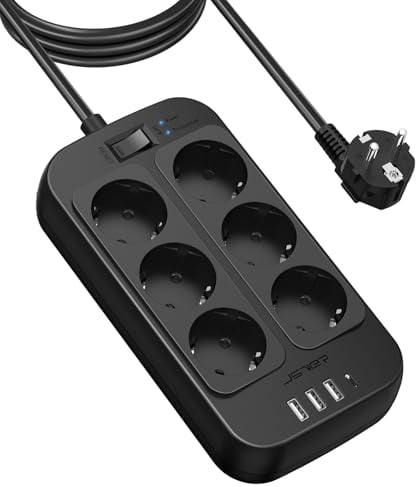JSVER Multiprise Parasurtenseur USB,Multiprise Electrique 6 Prises avec 4 Ports USB Chargeur de Voyage(5V3,4A/17W) Parafoudre et Surtension avec Interrupteur Cable 3m pour Smartphone Tablette- Noir