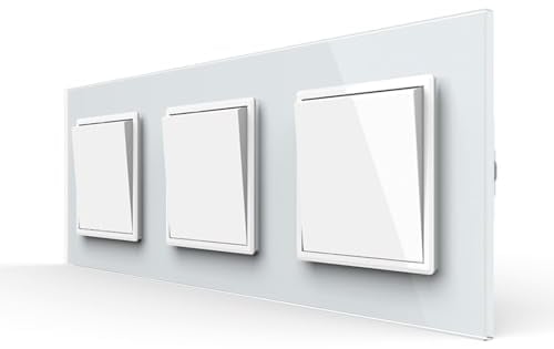 Luxus-Time Interruptor de luz triple y conmutador de 3 interruptores en marco de cristal, combinación de interruptor basculante en color blanco, para empotrar, 222 mm x 80 mm x 34 mm