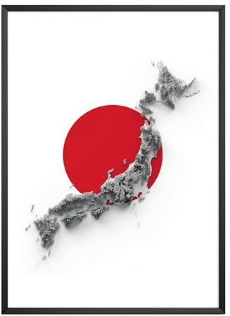 MJ-GRAPHICS® | Japan Reliefkarte Poster - Landkarte in 3D Reliefstil - Wanddekoration für Büro, Schlafzimmer, Wohnzimmer & Bildung Japankarte - Fine Art Kunstdruck 300g A3 - ohne Rahmen