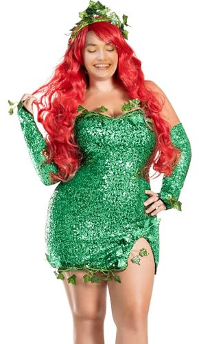 Qianderer Disfraz de hiedra venenosa para mujer, vestido corto de lentejuelas con hojas falsas verdes, guantes y tocado de plantas (verde brillante, S)