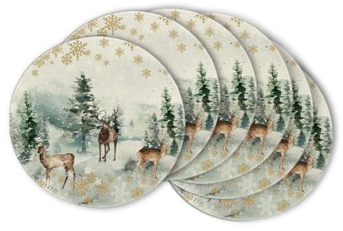 Artoid Mode Aquarell Rentier Baum Weihnachten Runde Platzsets 6er Set, 37cm Winter Xmas Tischset Waschbar Platzdeckchen Küche Party Deko
