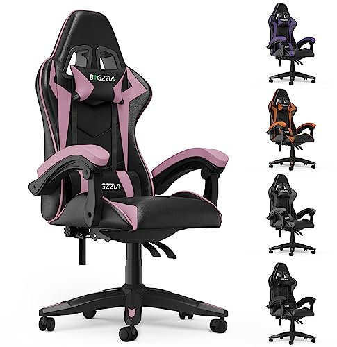 bigzzia Chaise Bureau Chaise Gaming Ergonomique en PU Cuir, Hauteur Réglable, avec Coussin Lombaire et Appui-Tête, Fauteuil Gamer Confortable pour Adultes, Filles et Garçons (Noir et Rose)