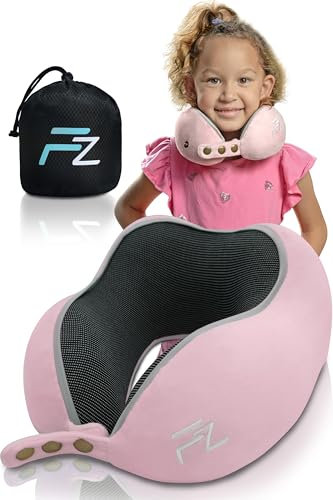 FLOWZOOM Nackenkissen für Kinder ab 3 Jahre - auch für Kindersitz geeignet - einstellbares Memoryfoam Kids-Reisekissen Auto mit weichem & waschbarem Bezug - inkl. Beutel - Rosa, Größe S (ab 3 J.)