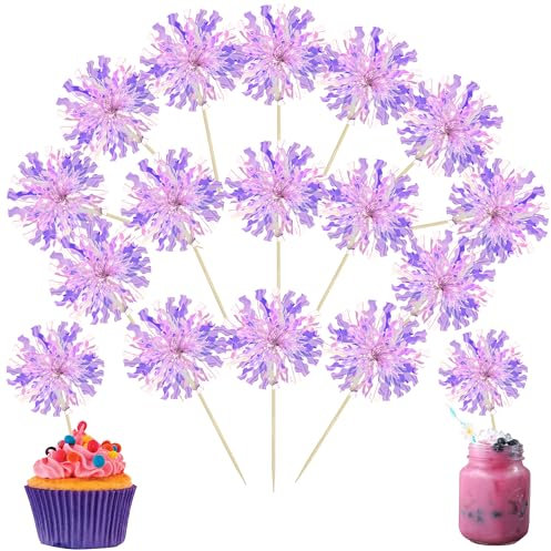 Ephlyn 30Pcs Foil Firework Cupcake Toppers Sparkle Tinsel Cupcake Picks Happy Birthday Cake Decorations Drink Stirrers Cocktail Food Fruit Toothpicks for Baby Shower Graduation Party Supplies Purple