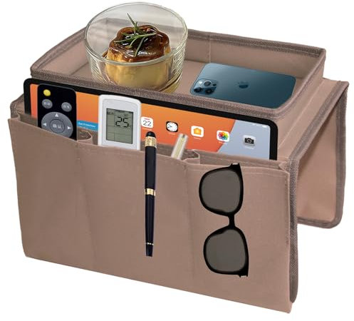 CODOMOR Sofa Arm Tray- Anti-Slip Sofa Armrest Tray-armchair tray With Large Capacity Dual Side Pockets For Phone Book Magazines Tv Remote Control Eyeglasses Cup Snacks Pocket (khaki)
