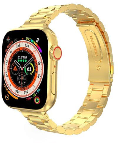 MoKo Thin Band Compatible Apple Watch Ultra2 Band 49mm 46mm 45mm 44mm 42mm,Slim Stainless Steel Wristband Metal Replacement Adjustable Strap for iWatch Ultra Series 10 9 8 7 6 5 4 3 2 1 SE, Gold