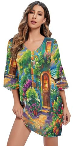 RPLIFE Robe d'été fluide avec col en V et motif licornes de Noël pour femme, Peinture à l'huile de la maison de jardin, Taille L