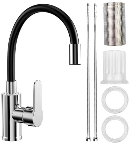 Ghazpmuk Wasserhahn Küche mit Flexibler Auslauf, Wasserhahn Küche Schwarz, Spültischarmatur 360° Drehbar, Küchenarmatur Schwarz mit Wasserspar Aerator, Biegsamer Wasserhahn für Die Küche