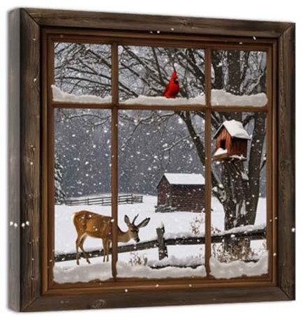 ZQQART Winter Leinwandbild Hirsch im Schnee Bilddrucke Kardinalgemälde rustikale Winterlandschaft Posterdrucke Schlafzimmerdekor gerahmt(Schwarz,30x30cm)