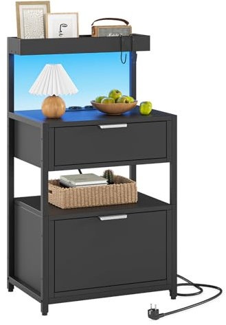 AOGLLATI Nachttisch mit LED-Leuchte und Ladestation, Beistelltisch mit 2 Schubladen, 3 offene Fächer, Nachtschrank mit 2 SB-Anschlüssen und 2 Steckdosen, für Schlafzimmer, Wohnzimmer, Schwarz