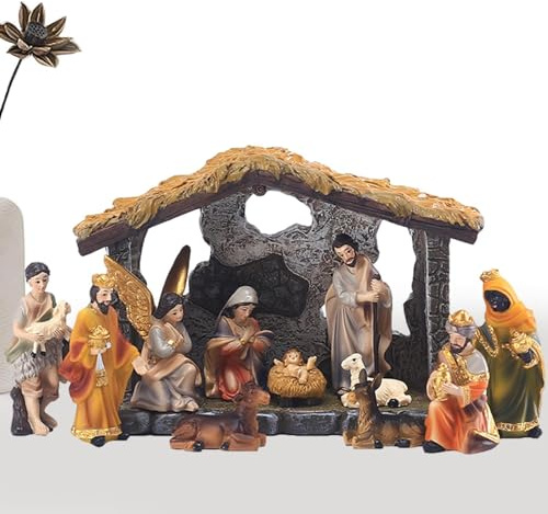 Yumneo Juego de belén con figuras | Juego de nacimiento de Jesús | Belén de la vida real | Juego de establo de belén de Navidad | Estatua de pesebre religioso para decoración de iglesia