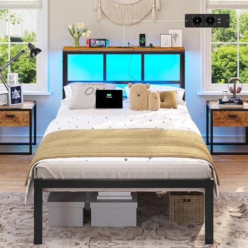 Brinlawb Bett 90x200 mit Lattenrost aus Metall, Bettgestell 90x200 cm mit LED Beleuchtung, Metallbett 90x200 mit Kopfteil und Ladestation(2 AC-Steckdosen,2 USB-Anschlüsse) Jugendbett 90x200 einzelbett