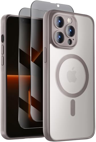 Symcele Designed for iPhone 13 Pro Max Case, Compatible with MagSafe, with Privacy Screen Protectors X2, [Camera Protection] [15FT Drop Protection] Shockproof Phone Case, 6.7, Natural Titanium