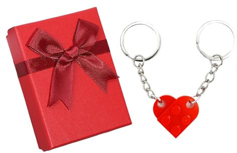 Porte Clef Couple,2 PCS Coffret de Porte-clés Cœurs en Briques de Construction Rouge Clef Coeur pour Couples Anniversaire Saint-Valentin pour Femme Homme