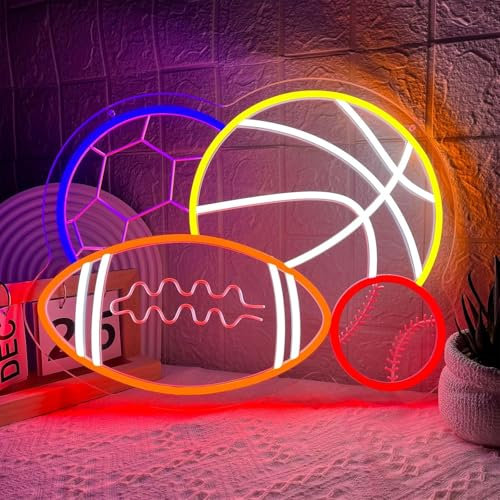 4 Ball Combination Neon Sign, Soccer Basketball Baseball Football Neon Light Sign for Wall Decor Bedroom Accessories, Sports Themed DimmableLed light Sign Powered by USB with Switch (Combination ball)