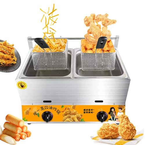 Commercial Deep Fryer with 2 Baskets and Cover, 10L+10L Stainless Steel Gas Floor Fryer for Restaurant and Home Cooking
