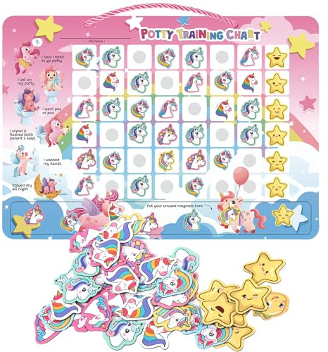 Potty Training Reward Chart, Magnetic Toilet Training Chart with 60 Reusable Magnetic Stickers, Interactive Reward Chart for Toddlers Girls Boys (Unicorn)