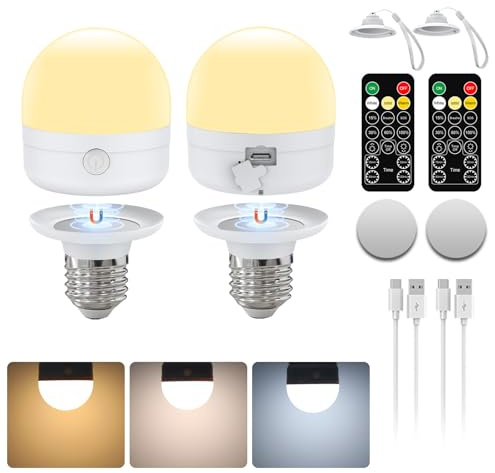 I-SHUNFA Lampadina Ricaricabile USB-C con Telecomando,Lampadine LED E27 7W,Lampadina CCT Dimmerabile con Timer e Batteria,Luce di Emergenza Esterna 2000mAh con Magnetico,2 Pacchetto (con Cordino)