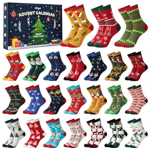 Moyel Adventskalender 2025 Erwachsene Frauen 24 Tage Weihnachten Baumwollsocken US 6-9 Lustige Weihnachtssocke Adventskalender für Frauen Süße Geschenke für Mama Oma Schwester Freundin Frau