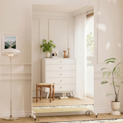 BRIVUE Splitterfreier Ganzkörperspiegel mit Rollen，180x80cm Rechteckiger Leicht superklarer Beweglicher Drehbar Standspiegel für Fitness Yoga Schlafzimmer Wohnzimmer Geschäft(180×80cm Weiß)