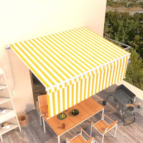 Brokky Markise 4 x 3 m Gelenkmarkise Markise mit Handkurbel Manuell Einziehbar mit Rollo Terrassenmarkise Gelb und Weiß