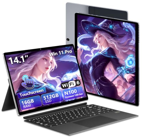 AUKABREX PC Portatile 2 in 1, 14.1 Pollici Notebook 16GB LPDDR5 512GB SSD, Win 11 Notebook Alder Lake-N100 CPU, Touch Screen Tablet PC, Type-C+WIFI6+BT 5.2