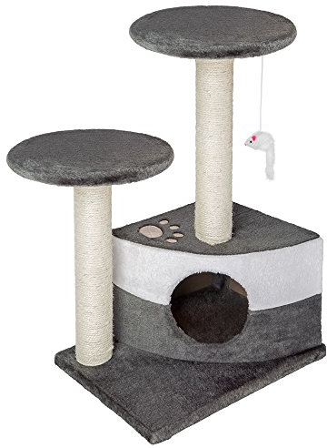 Tectake® Árbol Rascador para Gatos con 2 Plataformas, Ratón de Juguete, Cuerda Sisal y Casa - Torre 71 cm Alto Gris/Blanco