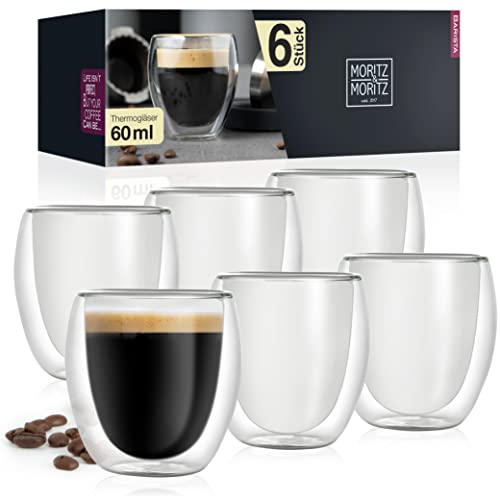 Moritz & Moritz Barista Roma 6 x 60 ml Espressogläser Doppelwandig - Espresso Tassen Set aus Glas für Heiß- und Kaltgetränke - Spülmaschinengeeignet