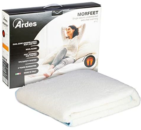 Ardes | Ar4F11 Scaldaletto Singolo Elettrico Morfeet Coperta Riscaldante 60W, Scaldaletto Singolo Elettrico 2 Zone Calde, Termocoperta Singola Elettrica 100% Pura Lana, Bianco