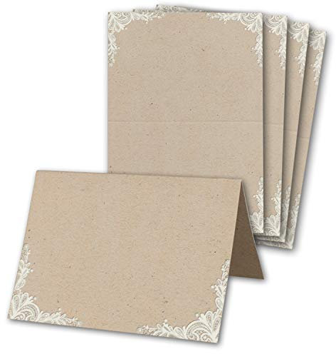 Glüxx Agent 75 Tischkarten Hochzeit - Kraftpapier-Optik mit Spitze - Platzkarten DIN A7 7,4 x 10,5 cm blanko bedruckbar zum Beschriften – Namenskarten, Tischreservierung für Konfirmation Taufe