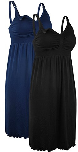 iLoveSIA 2Pack Women’s Seamless Maternity Nursing Dress Breastfeeding Nightdress Build in Bra Nightgown Black+Deep Blue Size XXL