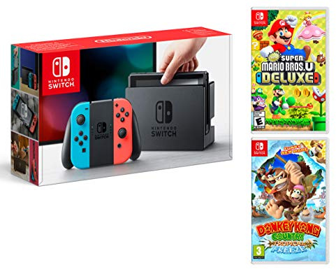Nintendo Switch Rouge/Bleu Néon 32Go + New Super Mario Bros. U Deluxe + Donkey Kong Country: Tropical Freeze