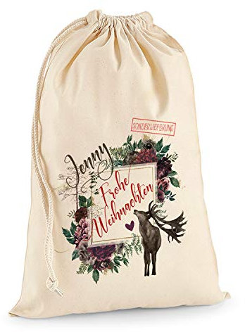 TULLUN Personalisierte Santa Weihnachtssack Extra groß XL (75 x 49 cm 38 Liter) - Natur V3
