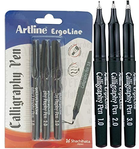ARTLINE Ergoline Calligraphy Pens Sharp Line (3 x 1.0 2.0 3.0mm Chisel Tip BLACK Pens + 1 x ZOFAX Ball BLACK Pen)