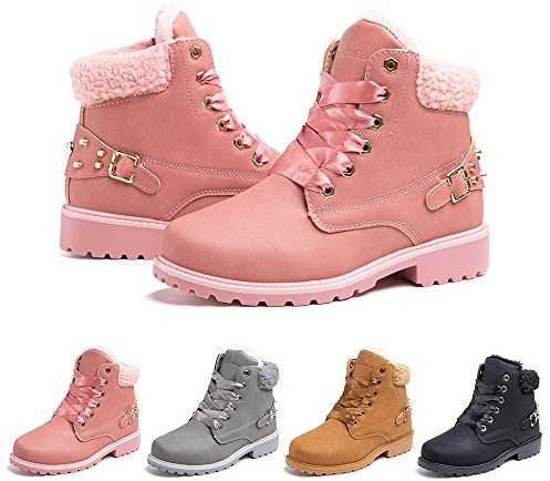 Stivali Invernali Donna Scarpe da Neve Stringati Pelliccia Caldo Snow Boots Caviglia Stivaletti Piatto Outdoor Stivali Rosa 39