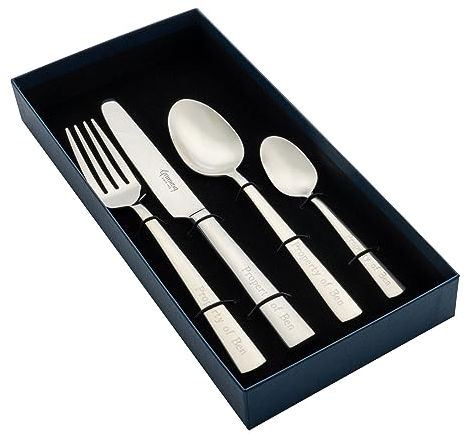 Personalised Engraved Westminster Adult 4 Piece 18/10 Stainless Steel Cutlery Set with A Bespoke Presentation Gift Box Professionally Engraved Steel Anniversary