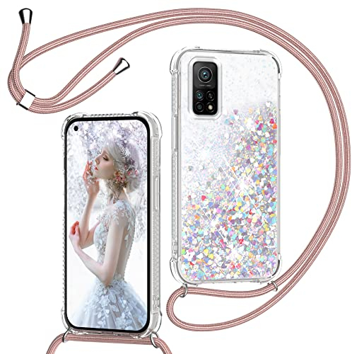 Handyband für Xiaomi Mi 10T/10T Pro Hülle mit Band, Glitzer Treibsand Handyhülle mit Kordel zum Umhängen Transparent Stoßfest Schutzhülle mit Kette Schnur, Quicksand Necklace Case in Roségold