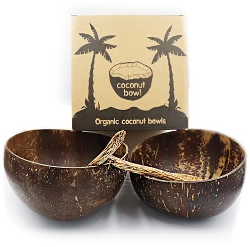 ProjectFont Juego de 2 cuencos de coco con cucharas producto natural alternativa plástico hecho a mano y pulido con aceite 100% natural con cubiertos de madera (paquete de 2)