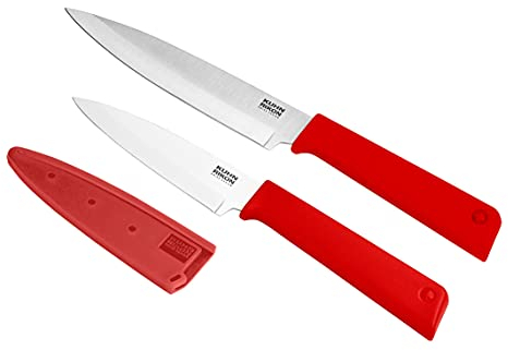 Kuhn Rikon Colori+ Classic 2-Piece Paring Knife and Utility Knife Set with Safety Sheaths, Red