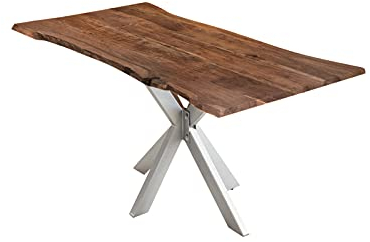 SAM Esszimmertisch 140x80cm Lyon, echte Baumkante, Akazienholz nussbaumfarben, massiver Baumkantentisch mit Spider-Gestell Silber, Esstisch im Industrial-Design