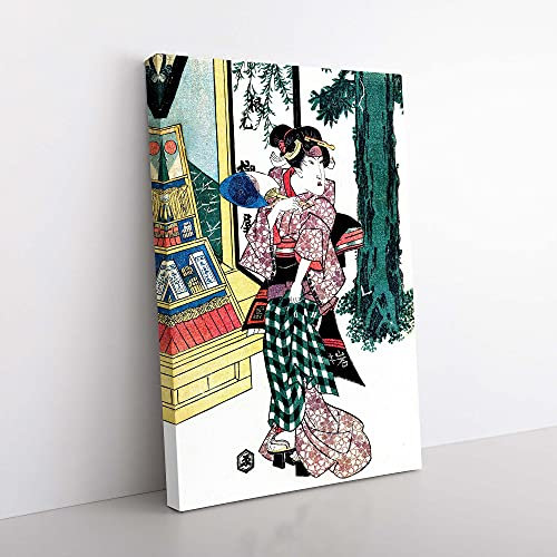 Big Box Art Lady Holding a Fan by Utagawa Kunisada Painting Canvas Wall Art Print Ready to Hang Picture, 76 x 50 cm (30 x 20 Inch), White, Turquoise, Black, Brown, Yellow
