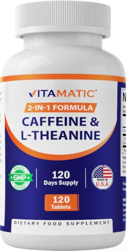 Vitamatic L-Theanine 200mg with Caffeine 100mg – 120 Vegetarian Tablets Nootropic Supplement for Focused Energy & Mental Clarity
