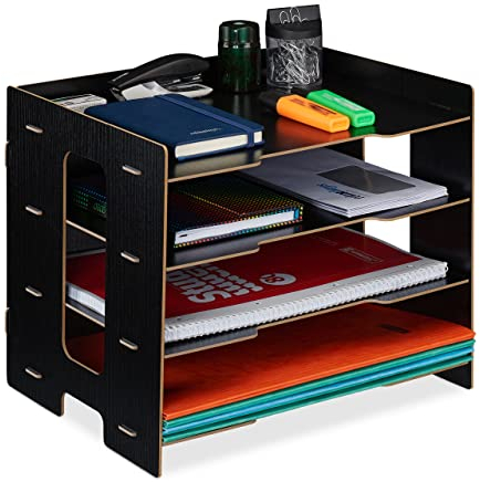 Relaxdays Briefablage, Büro Organizer aus MDF, A4 Papier, 3 Fächer, Dokumentenablage HxBxT: 27 x 32,5 x 25 cm, schwarz