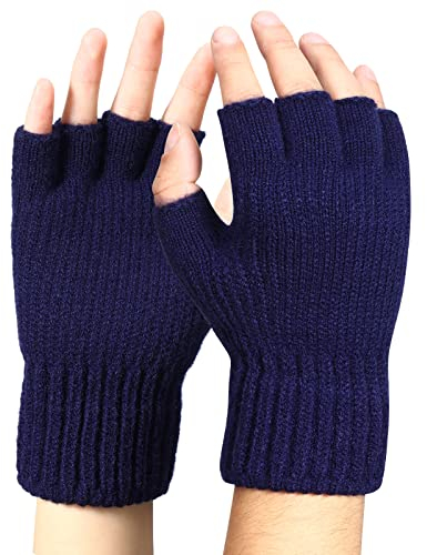 Bencailor Fingerlose Handschuhe Herren Winter Warme Halbfinger mit Weichem Strick Fleece Thermo (Marineblau)