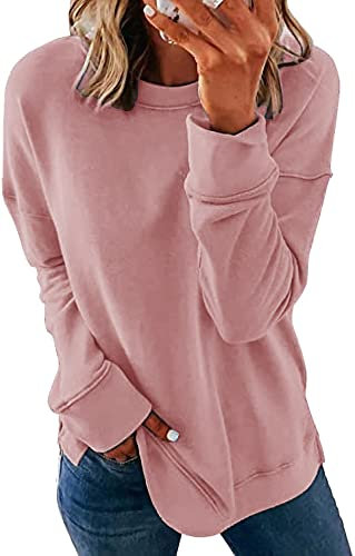 NEYOUQE Sweatshirt Damen Langarm Rundhals Einfarbig Sweatshirt Longsleeve Crewneck Pullover Loose Lässig Casual Oversize Pullover Damen Rosa XXL