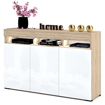 Euro Style Große Kommode mit 3 Türen+Led Schrank Sideboard Tv Schrank Wohnzimmer/Schlafzimmer 135x90x40 cm, Weiß Matt/Weiß Hochglanz/Schwarz/Golden Eiche/Sonoma Eiche (Sonoma Eiche- Weiß Hochglanz)