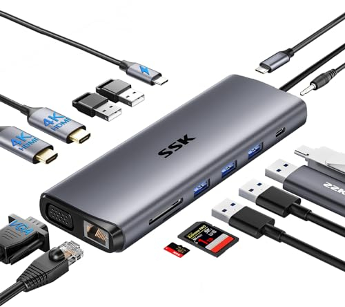 SSK Dual 4K HDMI to USB C Laptop Docking Station,14 in 1 USB C Hub Multiport Adapter mit 2 HDMI,VGA,RJ45 Ethernet,5 USBA,1 USB C 3.1 Data Port, SD/TF,PD3.0 Für Thunderbolt MacBook Pro Dell HP