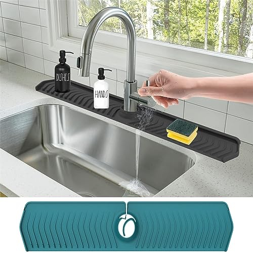 Kitchen Sink Splash Mat Silicone Faucet Handle Drip Catcher Tray Thickness and Slope Upgraded Sink Splash Guard Behind Faucet Protector Mat for Kitchen 30 X 5.7 (Green)