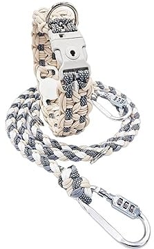 Diebstahlschutz-Hundeleine und Halsband Set, Optional mit versteckter AirTag Halterung, Verstellbar, Geflochten aus Paracord, Beige & Grau & Weiß, Gr.XS (120cm)